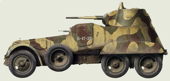 Бронеавтомобиль БА-11 из состава 2-го отдельного автобронебатальона 42-ой армии. Ленинградский фронт, лето 1942 г. Машина имеет трёхцветный зелёно-жёлто-коричневый камуфляж и военный номер белого цвета на дверце корпуса.