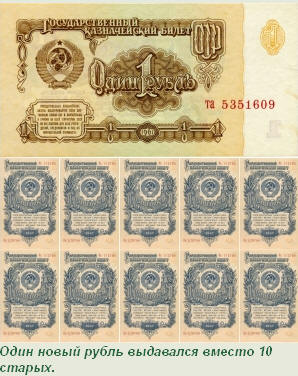 Один новый рубль выдавался вместо 10 старых.