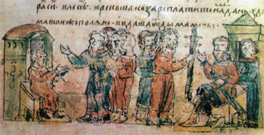 Дань мечами, как она изображена в Радзивиловской летописи
